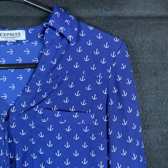 Express Womens Shirt Blue White Anchor Portofino Long Sleeve Button Down XS - Picture 5 of 14